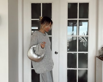 Hand Knit Mohair Blend Sweater, Oversized Fluffy Grey Jumper, Personalized Gift