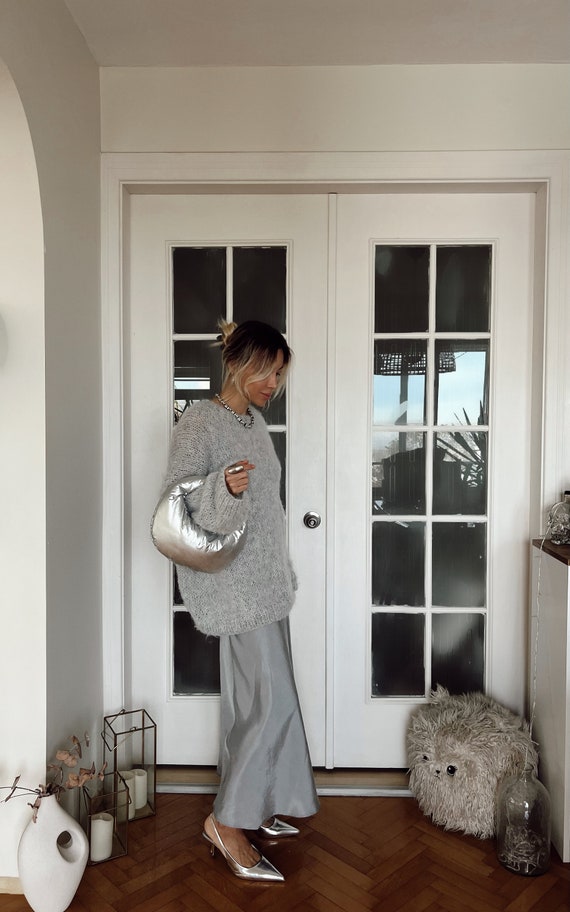 Hand Knit Mohair Blend Sweater, Oversized Fluffy Grey Jumper, Personalized Gift