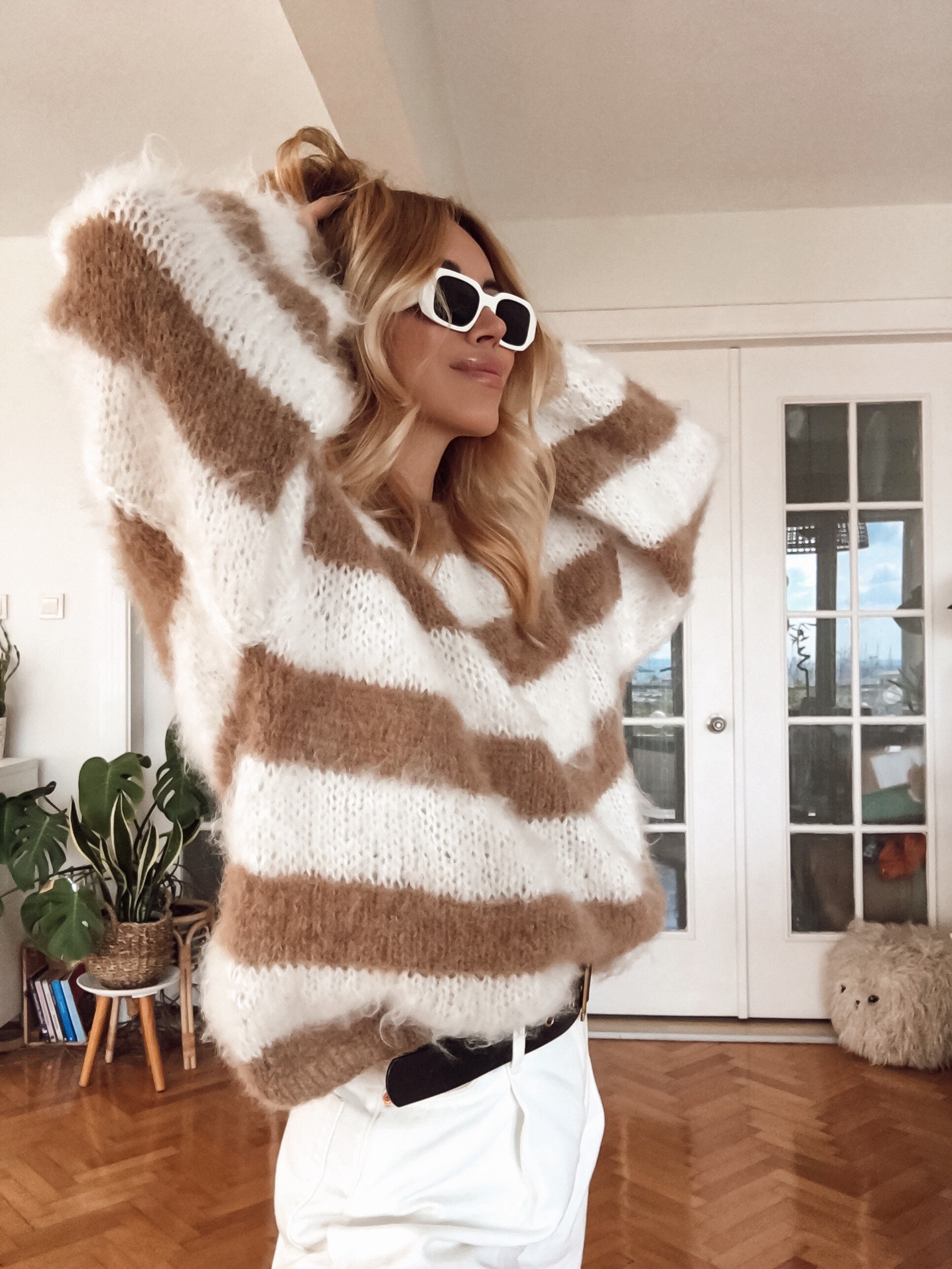 100% Hand Knitted Fluffy Mohair Sweater Stripe Wool Bridal Sweater