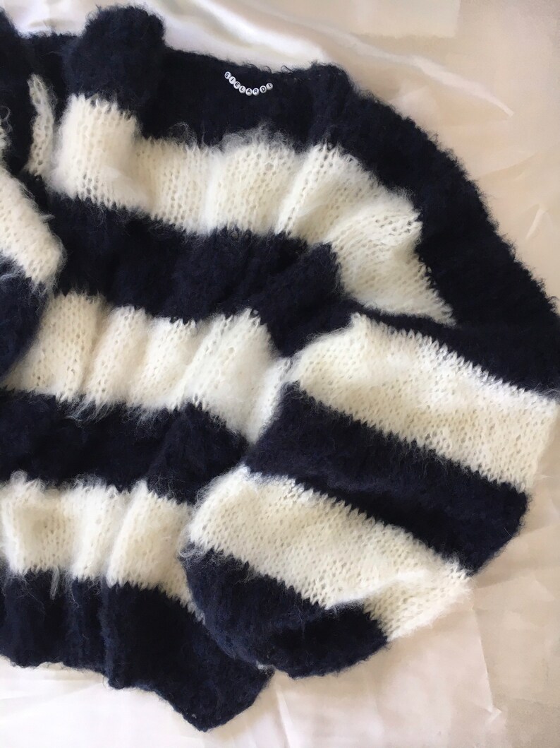 Personalized Sweater Navy White Striped Mohair Name Sweater Lightweight Hand Knit Mohair Jumper Custom made Sweater Customized Gift image 6