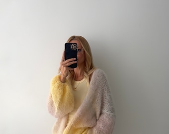 Hand Knit Rainbow Mohair Cardigan: Oversized Ombre Jacket