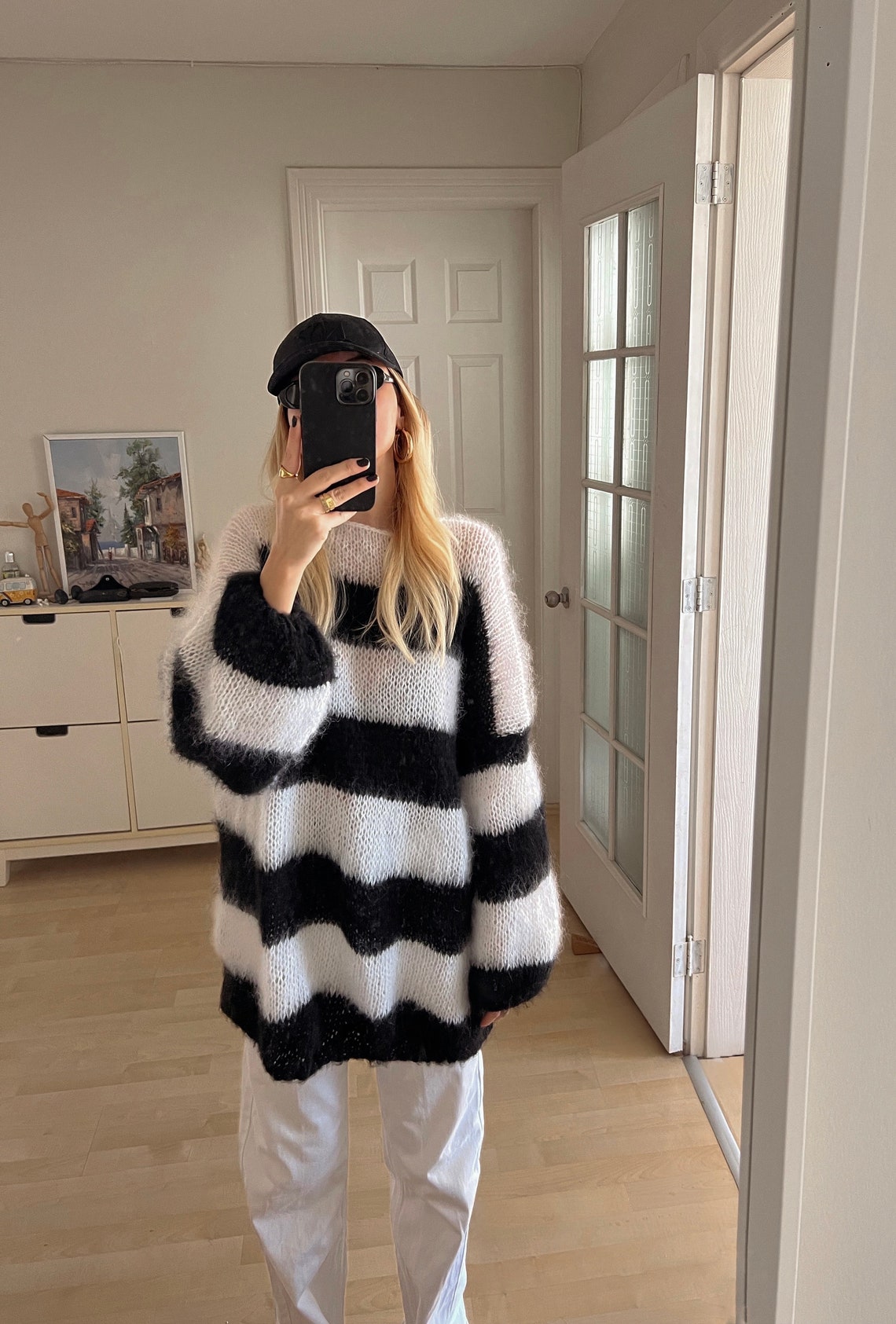 Striped Brushed Mohair Sweater, Spring Fluffy Hand Knit Pullover, Fuzzy ...