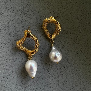 Handmade 18k Gold Filled Pearl Drop Earrings: Asymmetrical Statement Jewelry