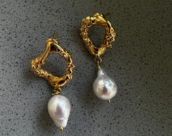 Handmade 18k Gold Filled Real Freshwate Pearl Statement Earrings, Pearl Drop, Pearl Gold Earrings, Statement Jewelry, Pearl Earrings, Amorph
