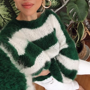 Fluffy Striped Brushed Mohair Sweater, Fuzzy Wool Pullover, Hand Knit Jumper, Green White Winter Wool, Chunky, Oversized, Personalized Gifts