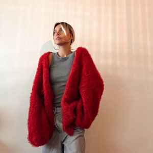 Hand Knit Cherry Red Mohair Cardigan Wool Sweater Bridal Cardigan Wedding Sweater Red Wool Oversize Cardigan Christmas Handmade Gift