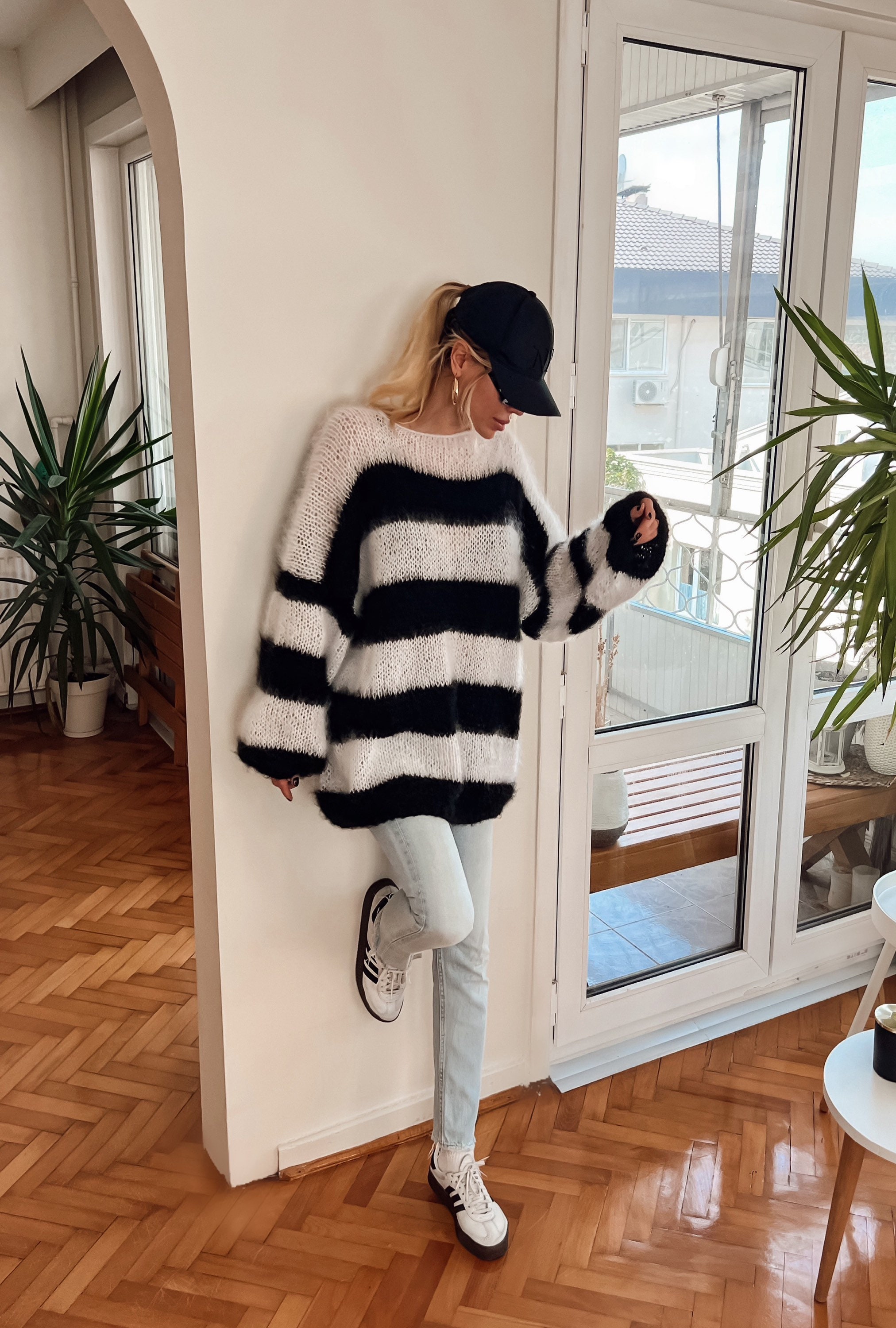 Striped Brushed Mohair Sweater, Spring Fluffy Hand Knit Pullover, Fuzzy ...