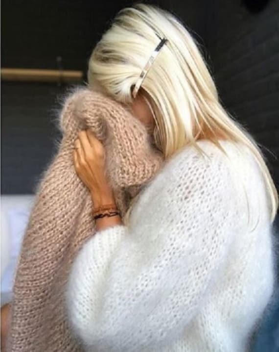 Fluffy Oversized Cream Beige Mohair Hand Knit Cardigan Fluffy Oversized Cream Beige Mohair Hand Knit Cardigan