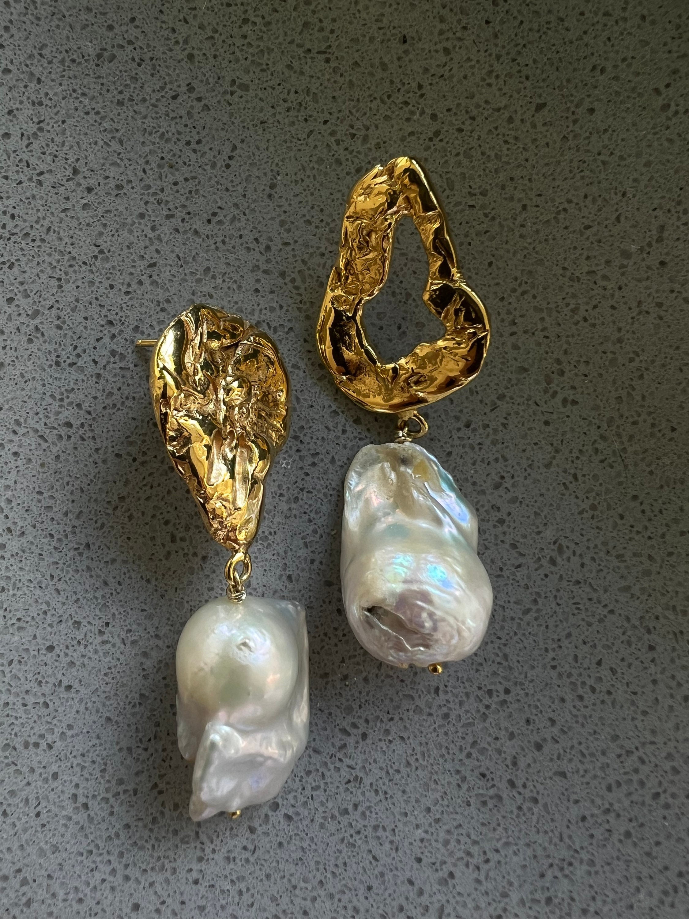 18k Gold Filled Baroque Pearl Statement Earrings: Asymmetrical 