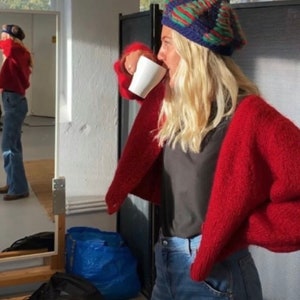 Red Crop Cardigan, Fluffy Mohair Cardigan, 90s clothing women, Mohair Sweater, Wool Jacket, Red Bomber, Y2K, Y2K clothing, Scandi Style