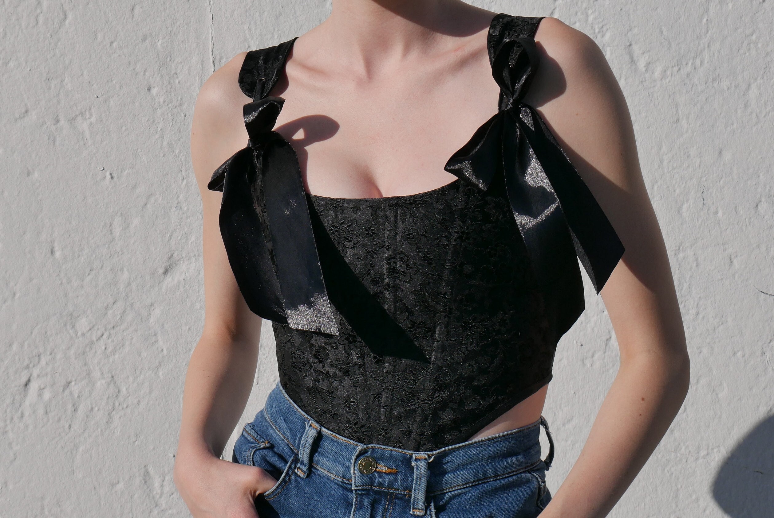 Black Cotton Corset Top with Dramatic sleeve