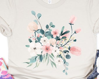 Aquarell Blumen T-Shirt, Botanisches Kolibri Design, Vintage Stil