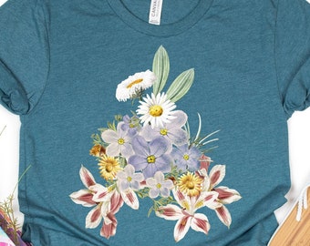 Vintage Blumen T-Shirt, Wildblumen Kolibri Grafik Tee