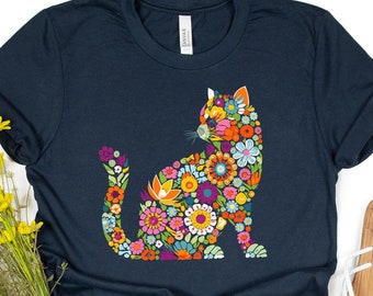 Blumenkatze T-Shirt, einzigartiges Blumendesign, Katzenliebhaber Geschenk