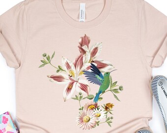 Vintage Kolibri T-Shirt, Florales Grafik-T-Shirt