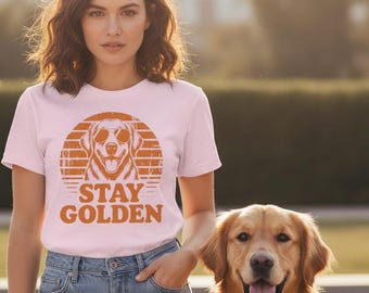Bleib Golden | Golden Retriever mit Sonnenbrille T-Shirt | Retro Distressed "Stay Golden" Hunde-Liebhaber-Shirt | Vintage Sommer Unisex Baumwoll Top