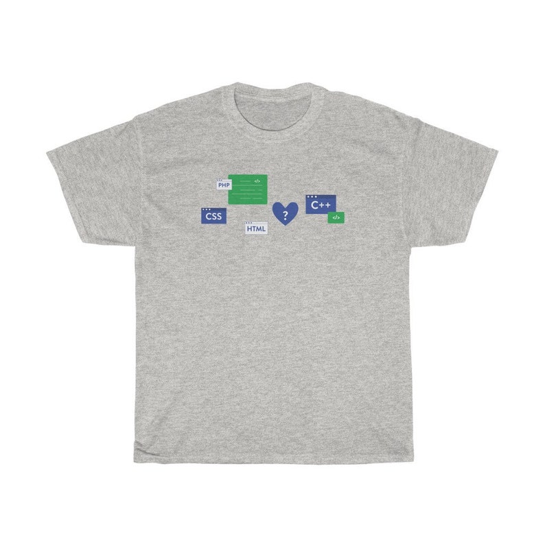 K&ouml;nnte beinhalten: Ein graues T-Shirt mit einer Grafik verschiedener Programmiersprachen, darunter PHP, CSS, HTML und C++. Die Grafik enth&auml;lt ein Herz mit einem Fragezeichen darin.