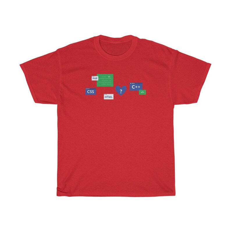 K&ouml;nnte beinhalten: Rotes T-Shirt mit einer Grafik verschiedener Programmiersprachen, darunter PHP, CSS, HTML und C++. Die Grafik enth&auml;lt ein Herz mit einem Fragezeichen.