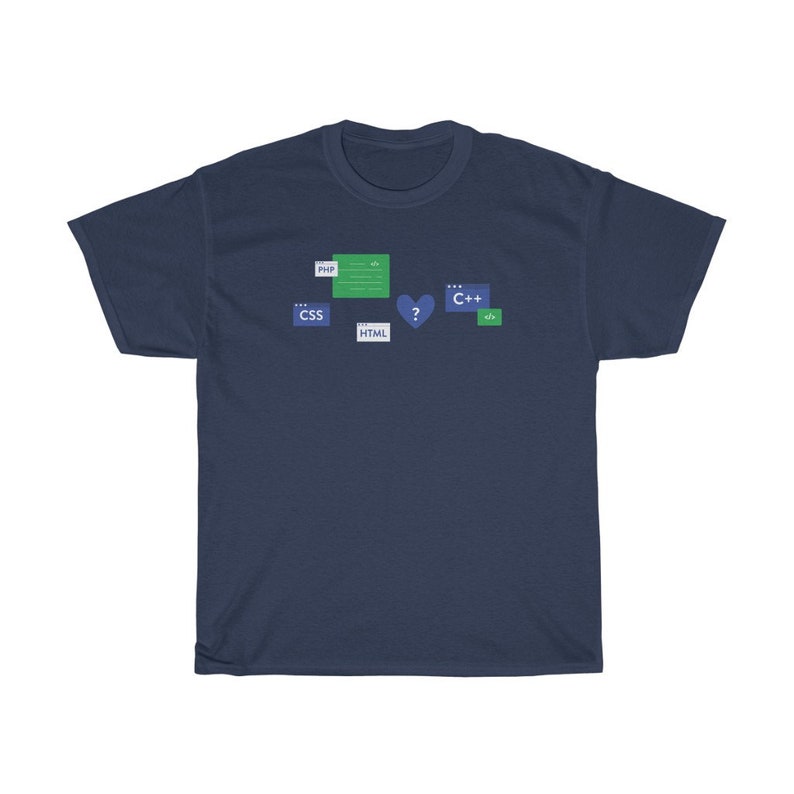 K&ouml;nnte beinhalten: Ein marineblaues T-Shirt mit einer Grafik verschiedener Programmiersprachen, darunter PHP, CSS, HTML und C++. Die Grafik enth&auml;lt auch ein Herz mit einem Fragezeichen darin.