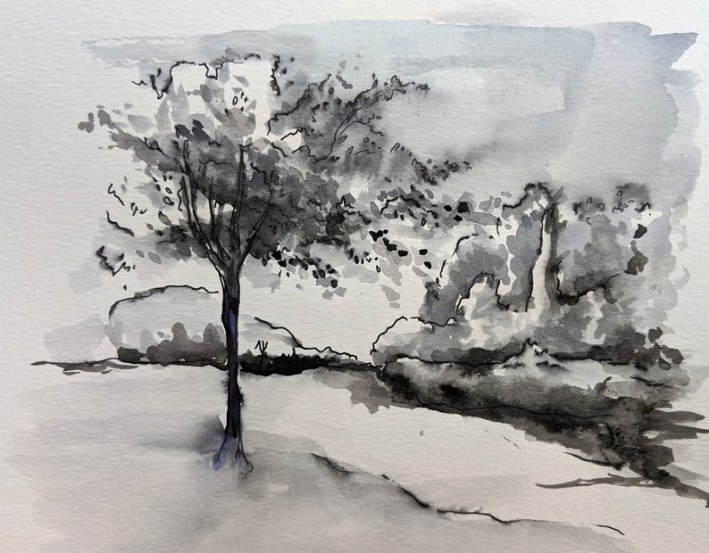 Framed Ink-Wash Drawing of an Evening Landscape | Etsy