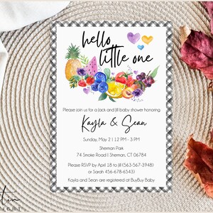 May include: A baby shower invitation with the text "hello little one" above a watercolor illustration of fruits and flowers. The invitation includes details for Kayla and Sean's baby shower, with a gingham border.