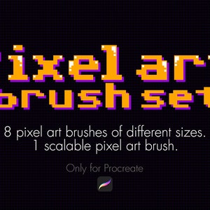 Puede incluir: Gráfico de arte digital con las palabras "Pixel art brush set" en letras pixeladas naranjas y moradas. La imagen anuncia 8 pinceles de pixel art de diferentes tamaños y 1 pincel de pixel art escalable, para usar con Procreate.
