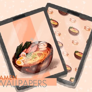 May include: Two phone mockups with a ramen bowl design. The first mockup shows a bowl of ramen with a cartoon character on top. The second mockup has a repeating pattern of ramen bowls with cartoon characters.