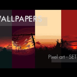 Könnte beinhalten: Vier Pixel-Art-Sonnenuntergänge mit dem Text "WALLPAPERS" und "Pixel art - SET 1" unten.