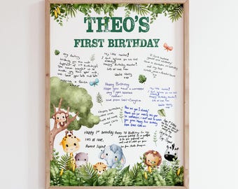 Tarjeta de primer cumpleaños personalizada con mensaje para imprimir, diseño de safari en la jungla para primer cumpleaños.