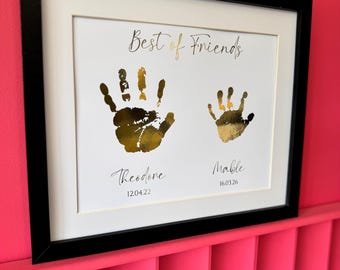 Lámina personalizada con huella de mano en lámina de oro, recuerdo para hermanos y amigos.