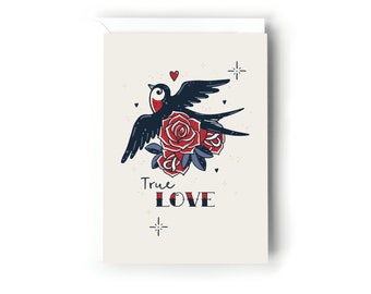 True Love, Valentines Card, Retro Old Tattoo Style Card, Card for Wife, For Husband, For Boyfriend, Simple Valentines Day Card.