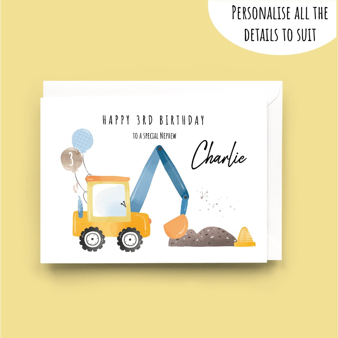 Personalised Diggers Birthday Card, Any Age, 1st, 2nd, 3rd,4th, 5th, 6th, Grandson, Son, Nephew