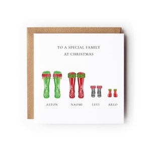 Carte de Noël personnalisée spéciale famille avec noms et bottes de Noël, cartes de Noël, carte personnalisée, cartes de Noël, bottes en caoutchouc.