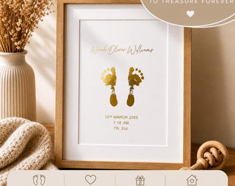 A5 Personalised Baby Hand & Footprint Gold Foil Print, New Baby Keepsake Gift, Birth Announcement Print, Inkless Ink Kit, Nursery Wall Art