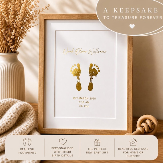 A5 Personalised Baby Hand & Footprint Gold Foil Print, New Baby Keepsake Gift, Birth Announcement Print, Inkless Ink Kit, Nursery Wall Art