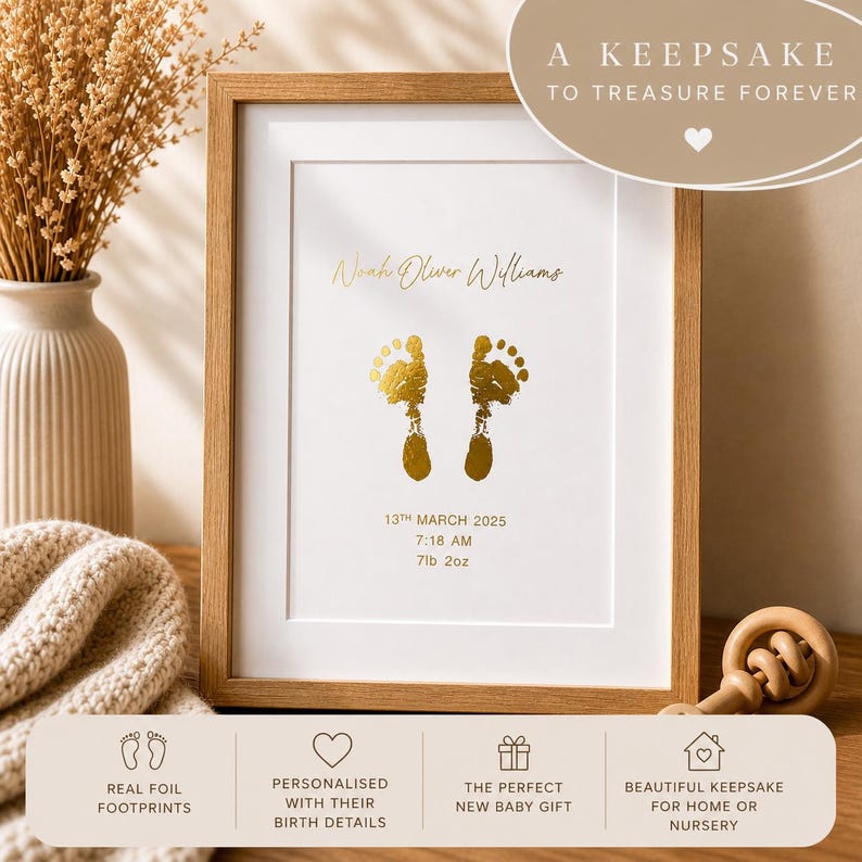 May include: A framed keepsake featuring gold foil footprints, personalized with a name and birth details. The text reads "A Keepsake to Treasure Forever." Includes the date, time, and weight. A beautiful keepsake for home or nursery.