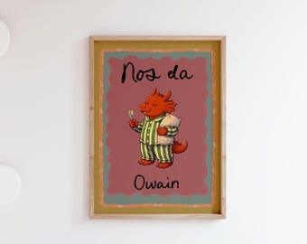 Juego de 2 láminas infantiles personalizadas de dragón galés, Nos Da y Bore Da