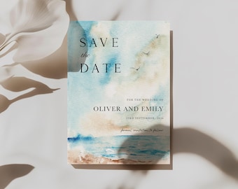 Coastal Watercolour Save the Date Cards, Beach Wedding Invitation, Ocean Theme