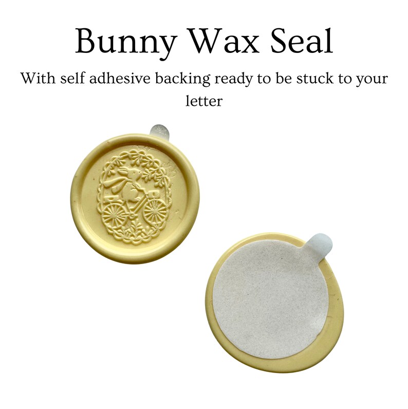 May include: A yellow wax seal with a bunny riding a bicycle design. The seal has a self-adhesive backing.