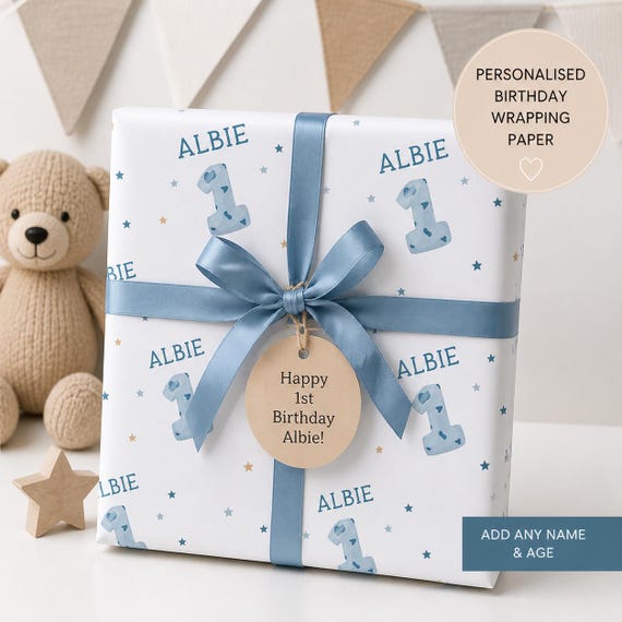 Birthday Wrapping Paper, Personalised Name and Age Gift Wrap, Kids Birthday Wrapping Paper, Any Age Gift Wrap