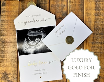 Gold Foil Scan Photo Pregnancy Reveal Card, Personalised Baby Announcement Keepsake