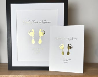 A5 Personalised Baby Hand & Footprint Gold Foil Print, New Baby Keepsake Gift, Birth Announcement Print, Inkless Ink Kit, Nursery Wall Art