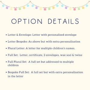 May include: A list of options for a personalized letter, including a letter with an envelope, a letter with extra personalization, a letter for multiple children, a full set with a certificate, envelopes, wax seal, and twine, a full set for multiple children, and a full set with extra personalization in the letter.