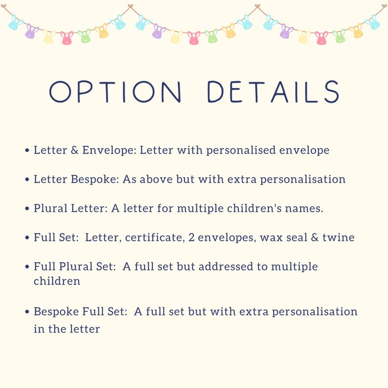 May include: A list of options for a personalized letter, including a letter with an envelope, a letter with extra personalization, a letter for multiple children, a full set with a certificate, envelopes, wax seal, and twine, a full set for multiple children, and a full set with extra personalization in the letter.