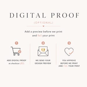 May include: A graphic with the text "DIGITAL PROOF" and instructions for adding a digital proof before printing. The image includes a shopping cart, an envelope with footprints, and a heart with a checkmark.
