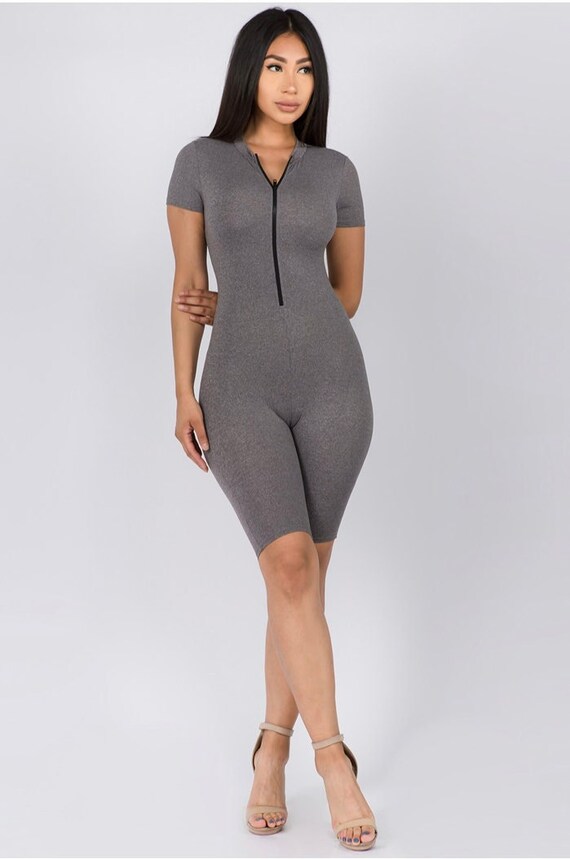 Front Zipper Short Sleeve Bodycon 