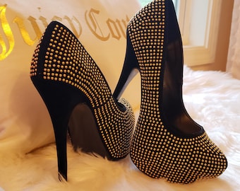 black and gold block heels