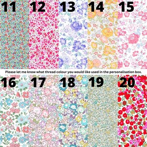 Puede incluir: Una colecci&oacute;n de diez patrones de tela floral distintos numerados del 11 al 20, con varias paletas de colores que incluyen flores rosas, azules, amarillas y rojas. El texto 'Please let me know what thread colour you would like used in the personalisation box.' est&aacute; centrado.