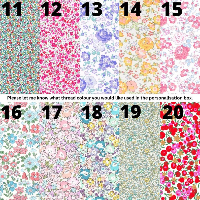 Puede incluir: Una colecci&oacute;n de diez patrones de tela floral distintos numerados del 11 al 20, con varias paletas de colores que incluyen flores rosas, azules, amarillas y rojas. El texto 'Please let me know what thread colour you would like used in the personalisation box.' est&aacute; centrado.