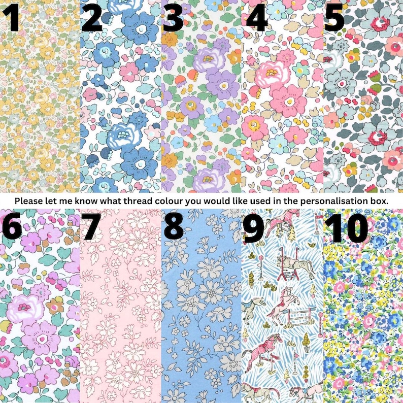 Puede incluir: Diez muestras de tela numeradas del 1 al 10 con varios estampados florales en amarillo, azul, rosa, morado y verde, adem&aacute;s de un estampado con caballos. El texto dice: Please let me know what thread colour you would like used in the personalisation box.
